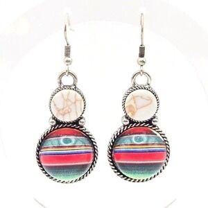 Striped Serape Burnished Silver Tone Dangle Earrings White Stone Beaded Western